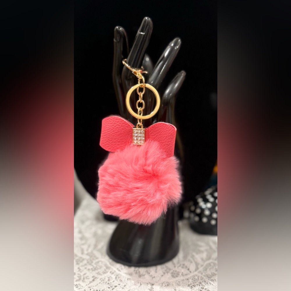 Pink Pom Pom Keychain w/ bow - Picture 1 of 2